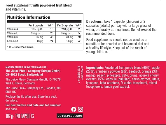 Juice Plus+ Fruit, Vegetable & Berry Blend: Nutrient-Packed Supplement from Fruits, Berries, Greens and Plant-Based Vitamins for Immune Function - Prepacked 3 bottles (60 Adult Servings Each)