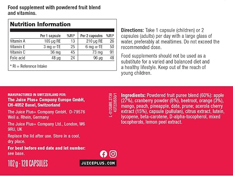 Juice Plus+ Fruit, Vegetable & Berry Blend: Nutrient-Packed Supplement from Fruits, Berries, Greens and Plant-Based Vitamins for Immune Function - Prepacked 3 bottles (60 Adult Servings Each)