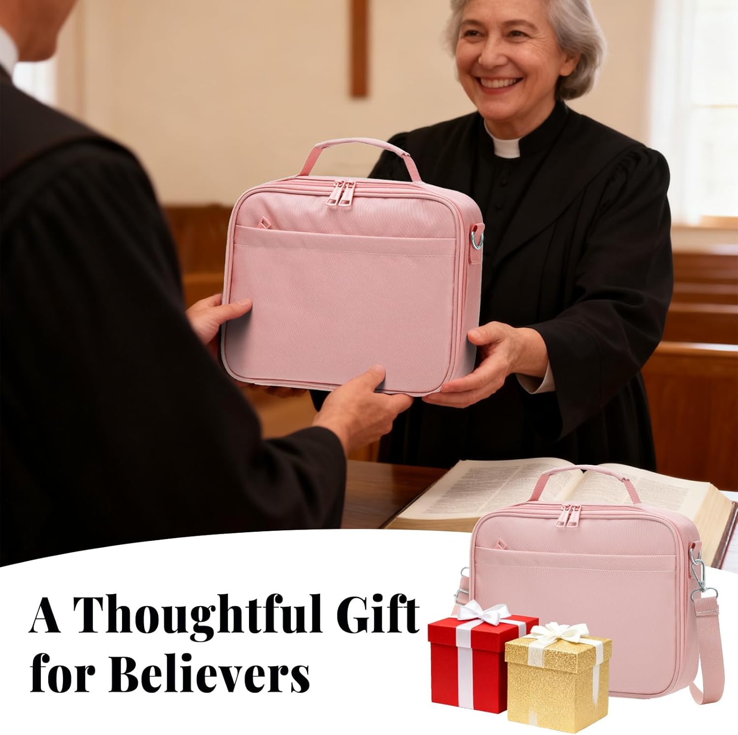 SUNEE Bible Cover for Women, Large Bible Bag w/Shoulder Strap Carrying Book Case w/Pen Slots and Zippered Pocket, Gift for Women & Men, Pink - Image 7