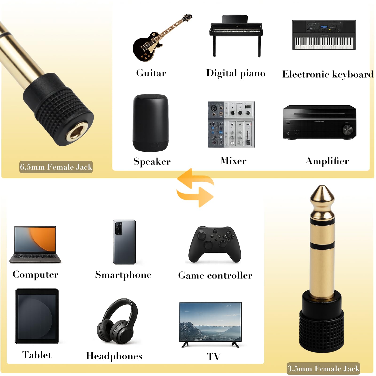 Paquete de 3 adaptadores de audio de 6,35 mm macho a conector de auriculares estéreo hembra de 3,5 mm, chapado en oro
