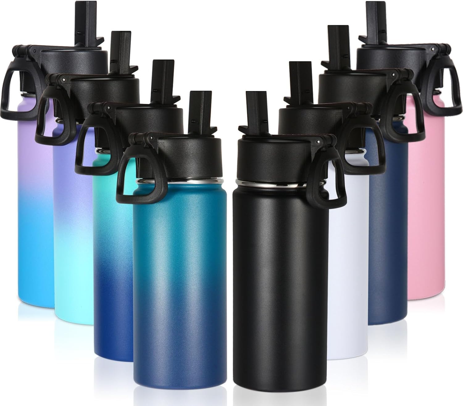 Volhoply 16 OZ Kids Water Bottle Bulk 8 Pack,Insulated Sports Bottles with Straw Lid,Stainless Steel Bottle with Handle Keep Cold & Hot,Double Wall Vacuum Tumbler Cups for School(Eight Color, 8)