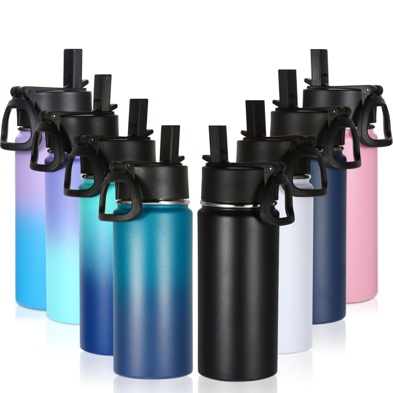 Volhoply 16 OZ Kids Water Bottle Bulk 8 Pack Insulated Sports Bottles with Straw Lid Stainless Steel Bottle