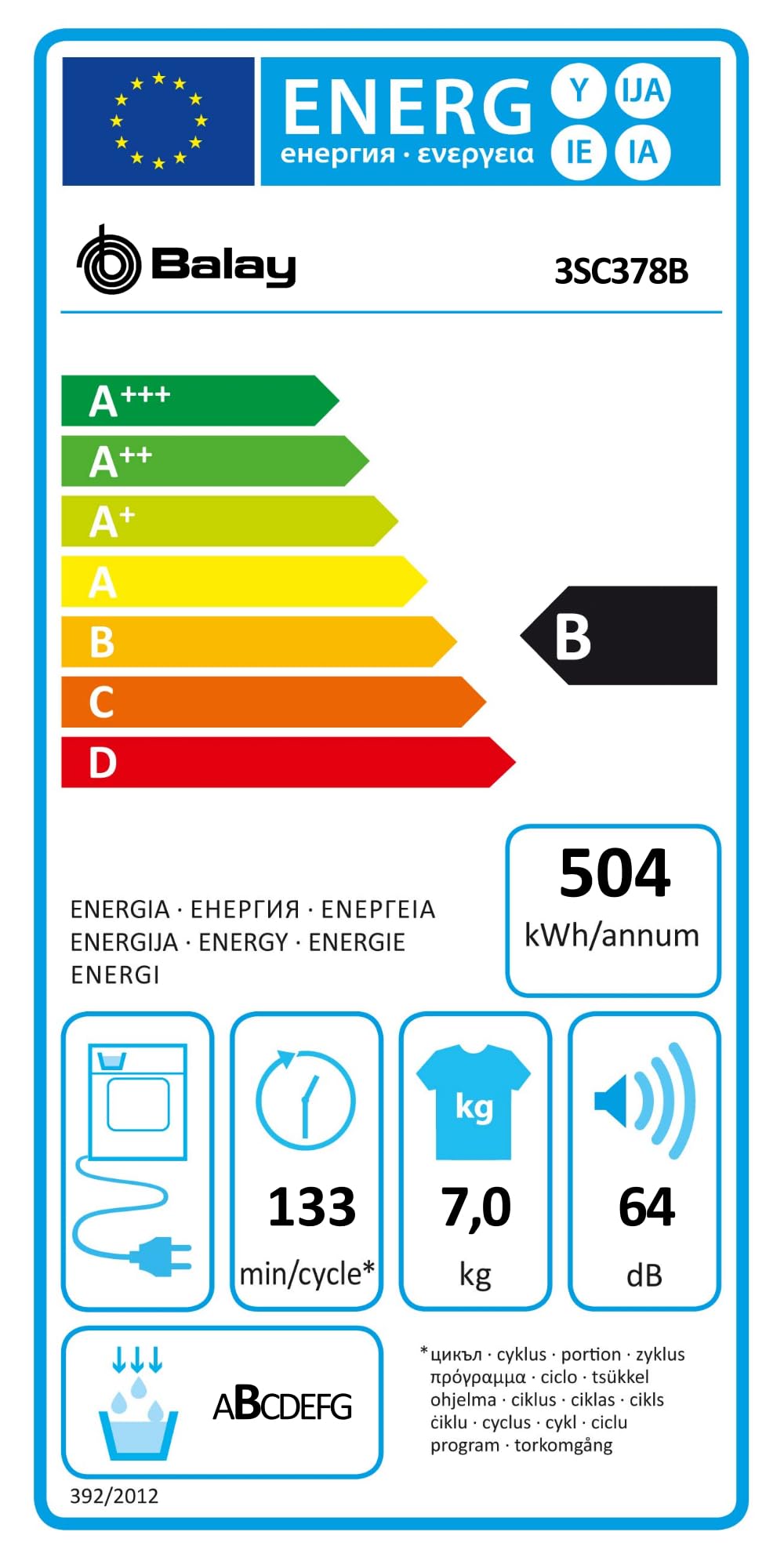 Balay Secadora de Condensación, Libre Instalación, 60 cm, 7 kg, Sensor de Humedad, Blanco, 3SC378B