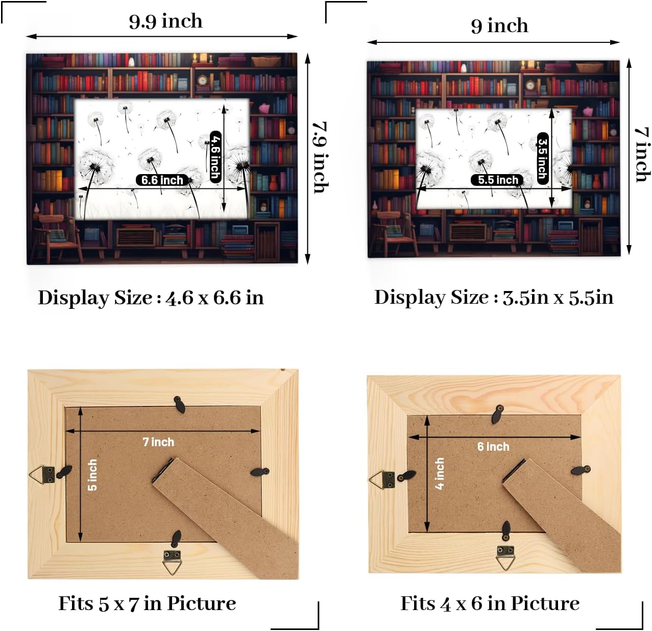 Old Library Bookshelf 5x7 Horizontal Picture Frame, 5x7 Wood Photo Frames Tabletop Display or Wall Mounting for Gallery Office Home Decor Gift (or Vertical Self Standing)