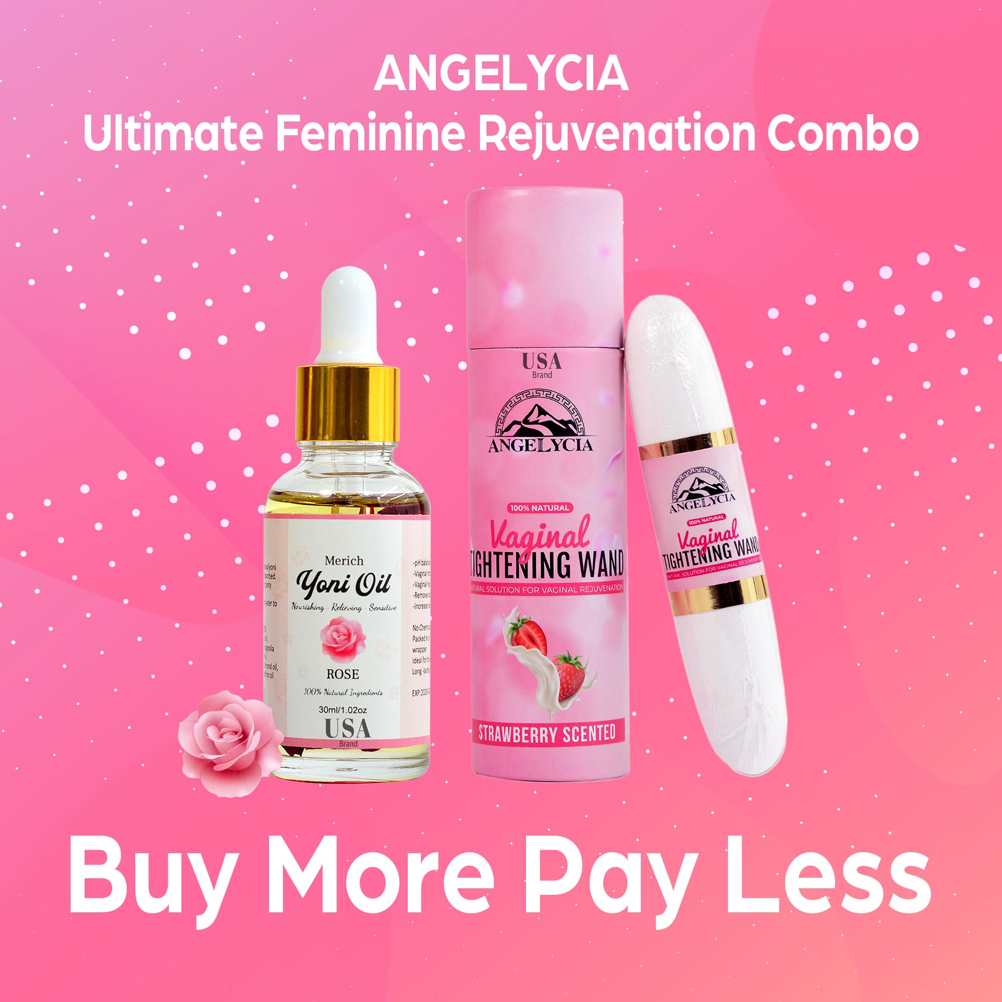 ANGELYCIA Ultimate Feminine Rejuvenation Combo, Virginity Wand Strawberry and Feminine Yoni Detox Oil Rose, Vaginal Tightening Solution, Restores pH Balance for Women,