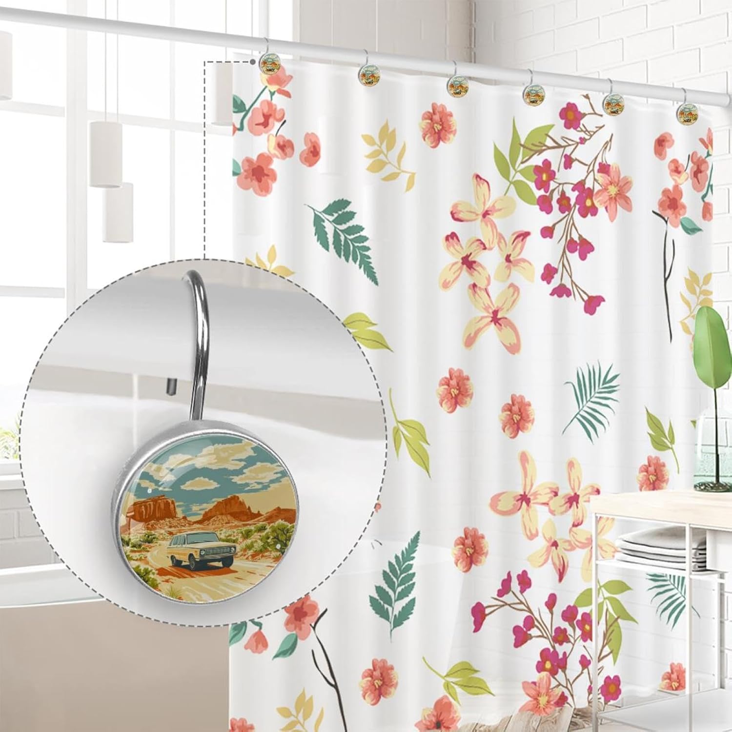 12PCS Desert Road Trip (6) Shower Curtain Hooks Rings for Bathroom, Decorative Shower Curtain Hooks Rods Curtains and Liner