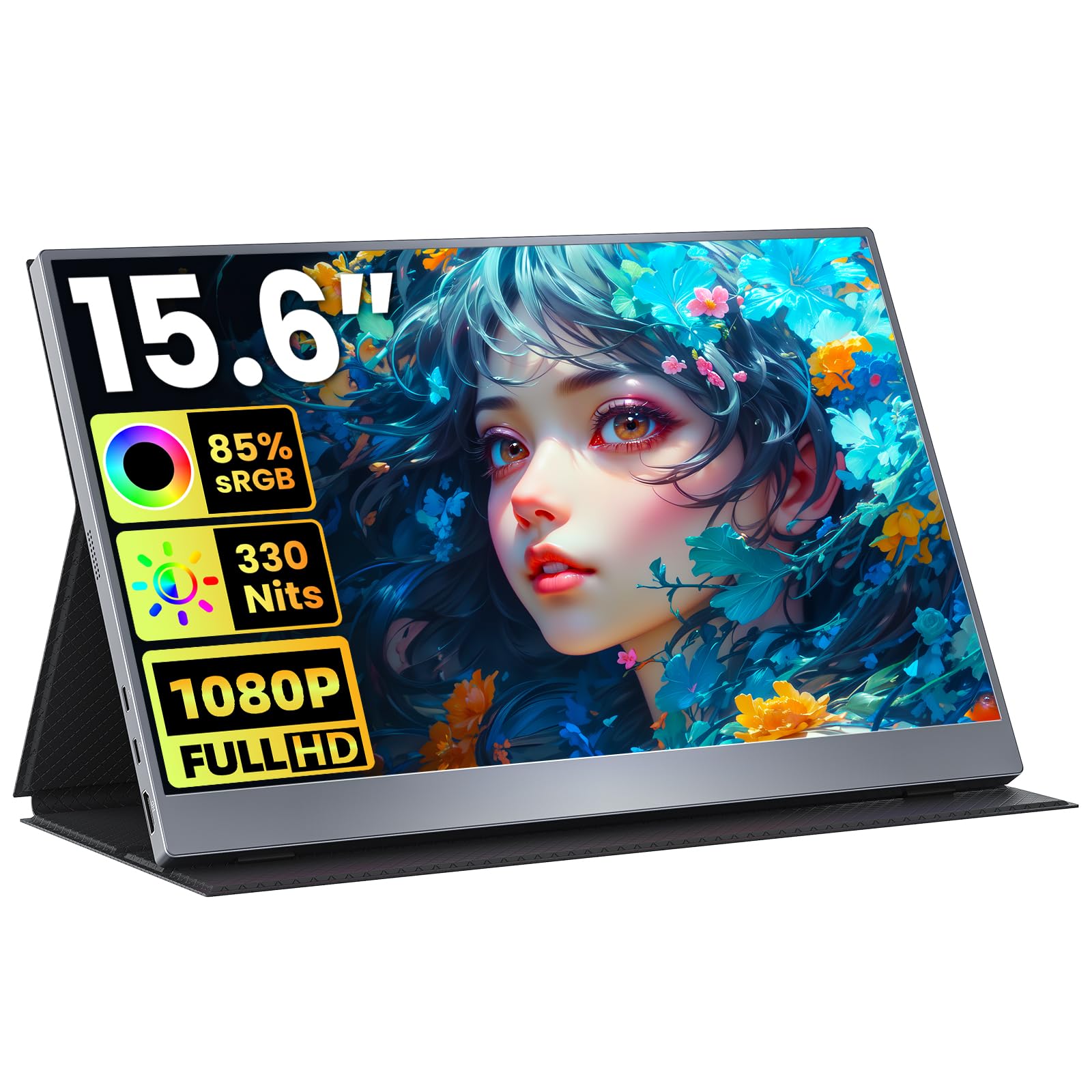 Portable Monitor 15.6 Inch 1080P FHD HDR IPS Travel Screen HDMI USB-C Portable Monitor for Laptop MacBook PC Surface Xbox PS4/5 with Cover, VESA Compatible