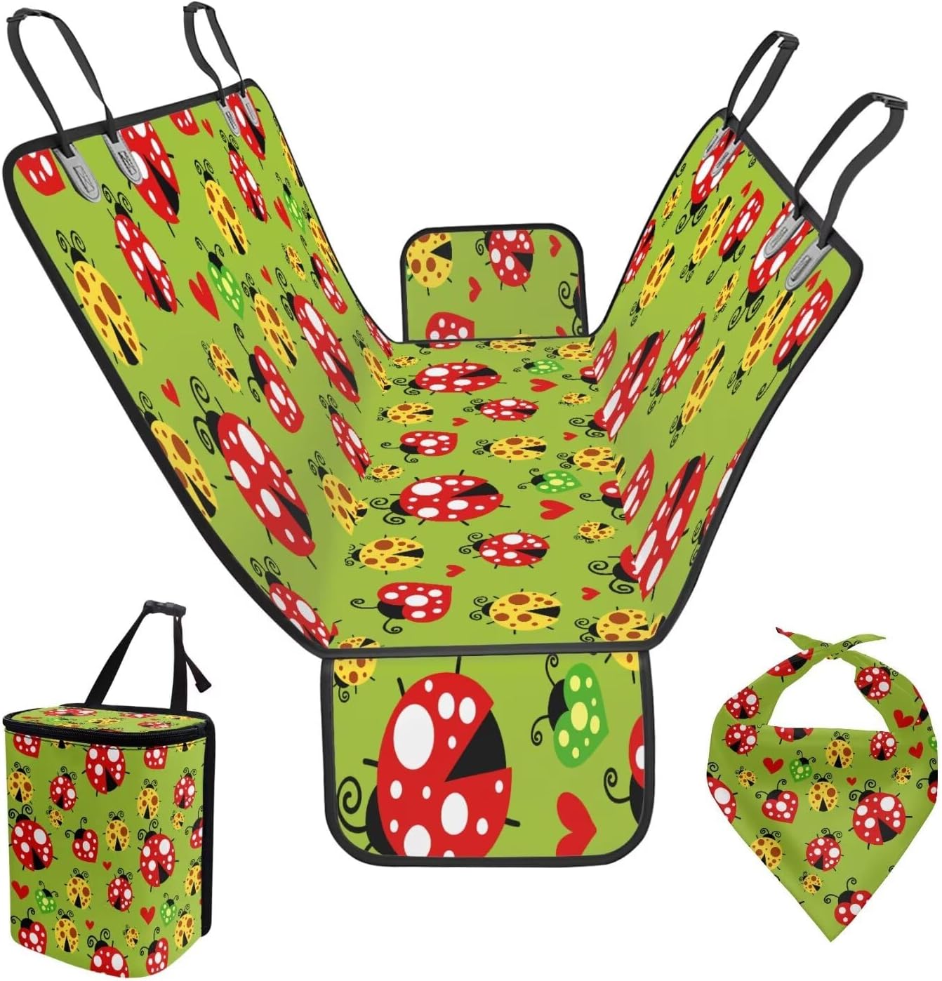 Pensura 3 Pcs Pet Accessories Includes Scratch-Resistant Cute Ladybug Back Seat Extender Reversible Pet Bandanas Bib Triangle Dog Scarf, Car Trash Can Bin for Outdoor Traveling Home Use