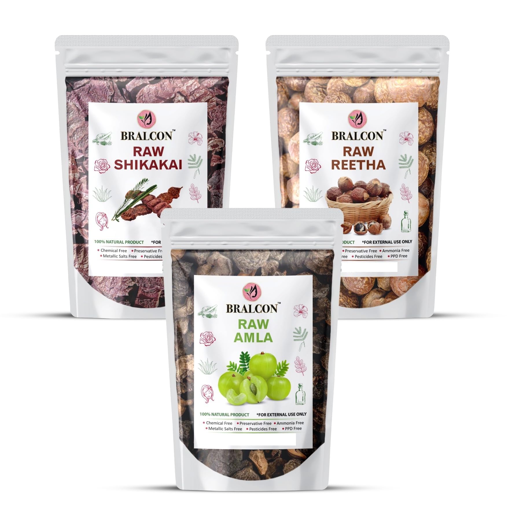 BRALCON Raw Shikakai, Reetha, Amla Combo, 100% Natural, Chemical Free,