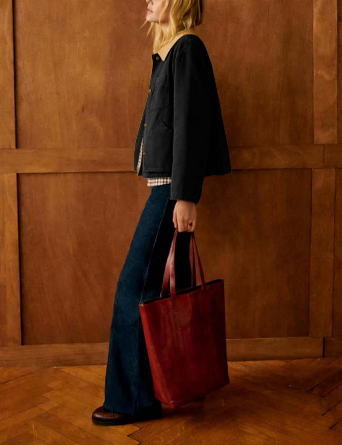 Yeokou Womens Casual Jacket Crop Barn Trench Coat Long Sleeve Button Down Oversized Jacket with Pockets Outerwear - Image 5