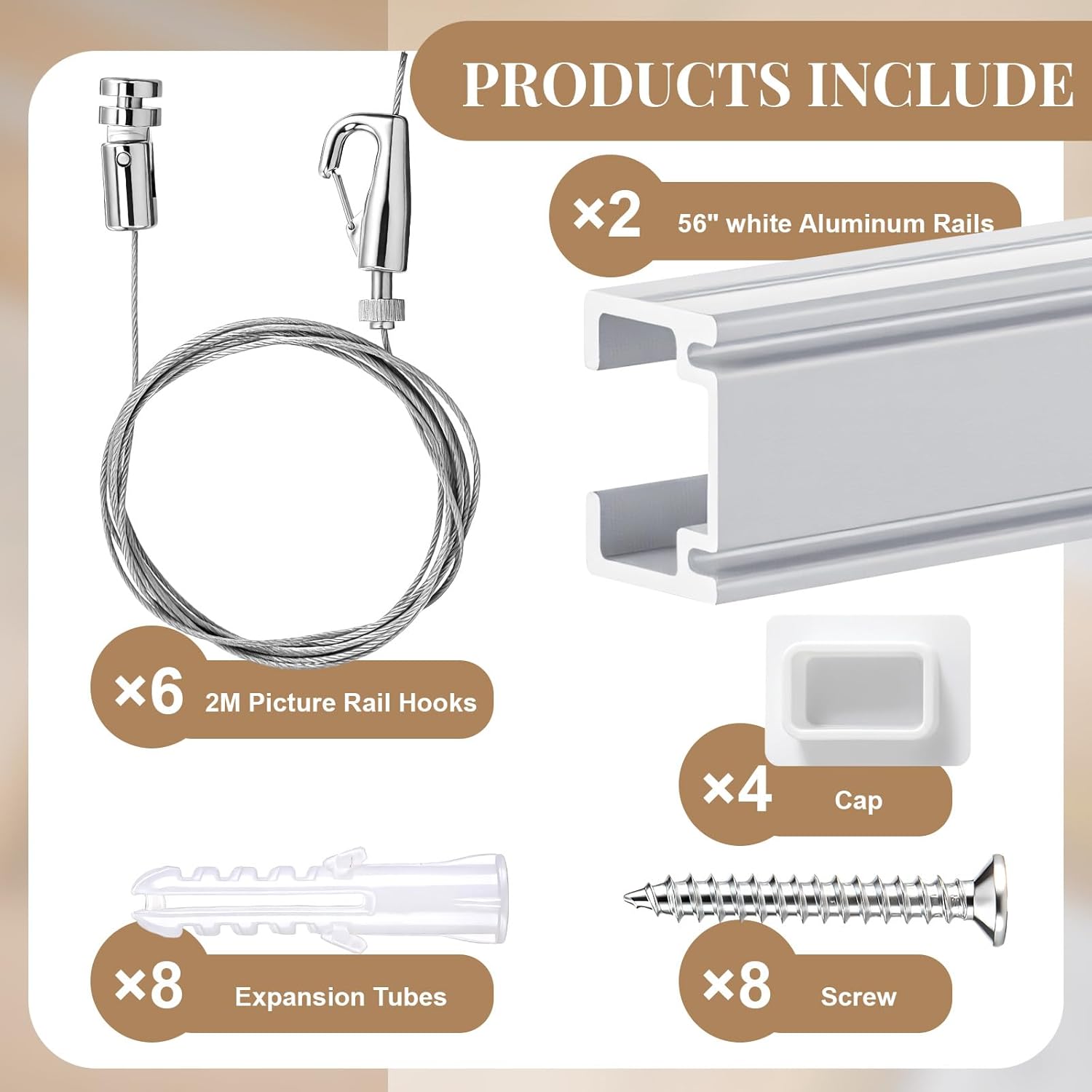 2 Set 56" Picture Rail Hanging System Including 2 Pcs 56" Aluminum Rails, 6 Steel Cables, 6 Hooks, 4 End Caps and Installation Hardware for Large Picture Poster Gallery Museum Home