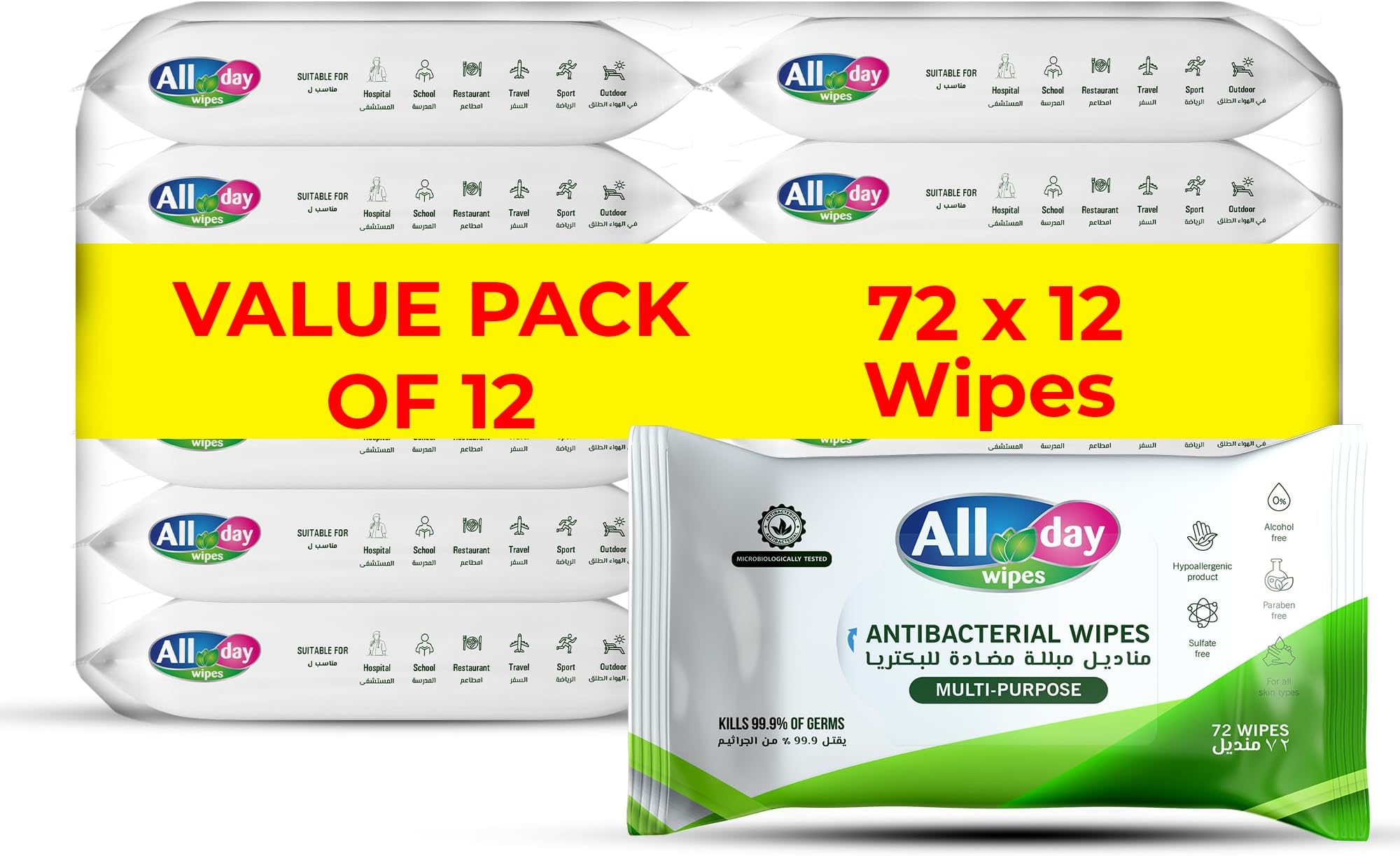 All Day Antibacterial Wet Wipes (Multi-Purpose)-72 Count: Kills 99.9% of Germs. For Skin and Surface.Designed for everyday use, Bleach free.Keep your environment clean and germ-free (Pack of 12)