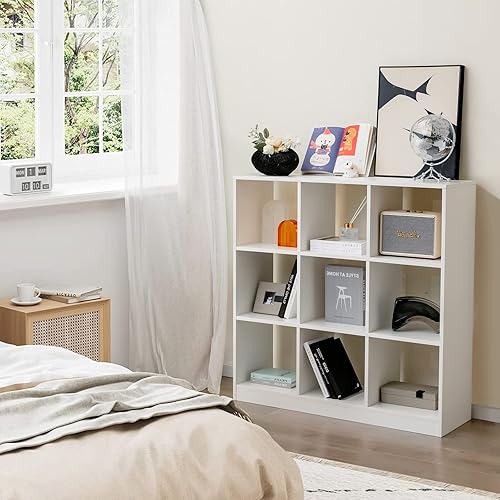 Giantex Estantería de 9 cubos color blanco  Estantería abierta independiente de 4 niveles con kit antivuelco, estantería moderna de exhibición de