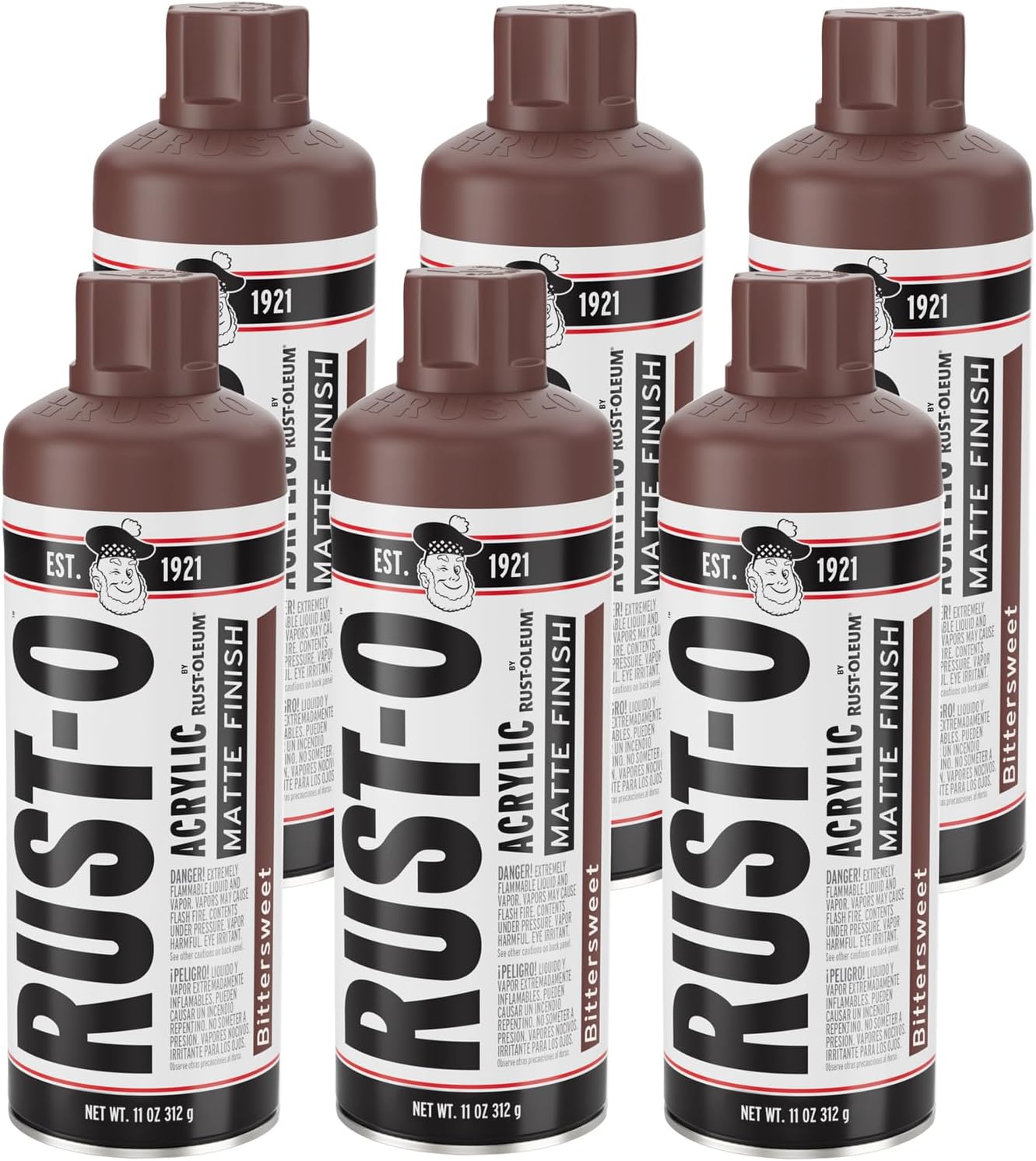 Rust-Oleum Rust-O Acrylic Spray Paint | Street Artist Spray Paint for Murals | Weather Resistant for Concrete, Wood, Brick and Other Surfaces | 11 Ounce | Matte Bittersweet | 6 Pack