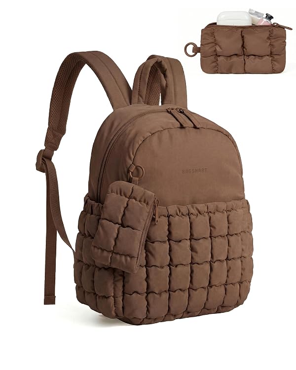 BAGSMART Mini Backpacks for Women, Puffy Checkered Quilted Small Backpack with Pouch, Lightweight Daypack Purse, Water-Resistant Bookbag for Daily Travel College, 2-in-1 Set, Coffee Brown by BAGSMART - Used condition - US$15.99