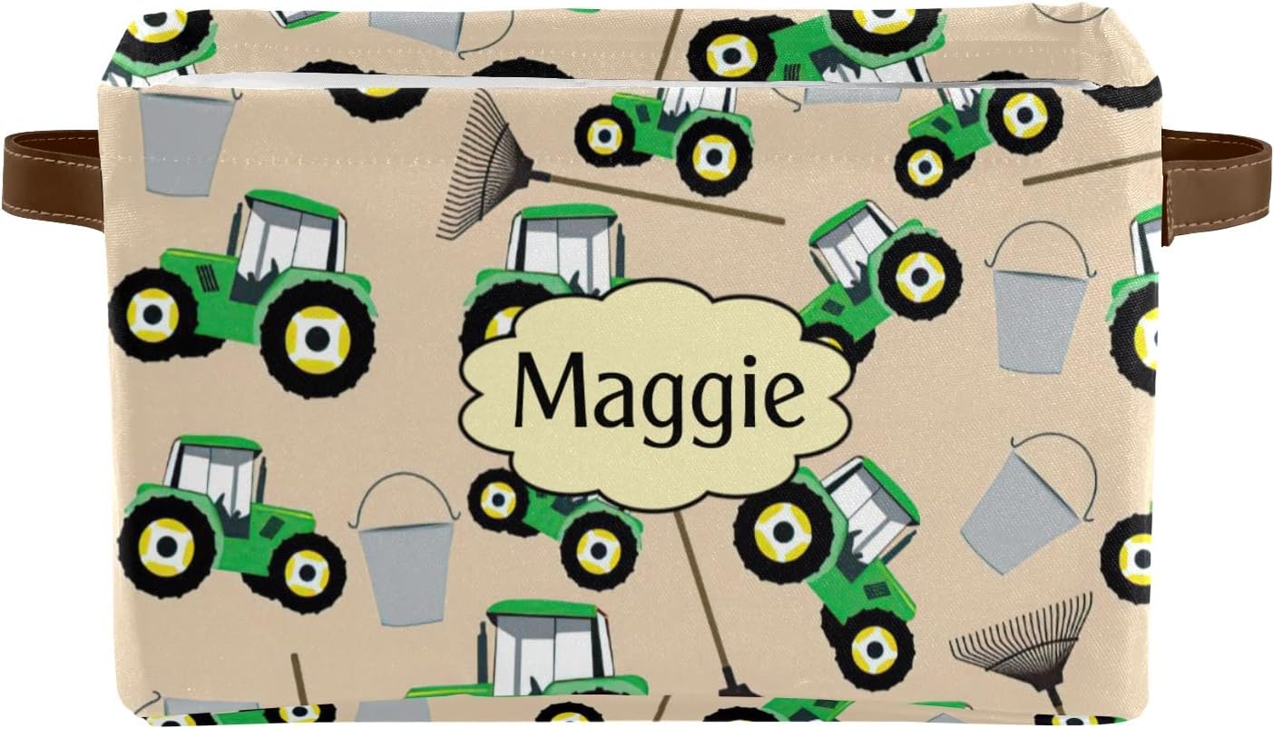 Personalized Tractor Truck Pattern Farm Equipment Storage Basket Bin with Name Large Storage Cube Box with Handles for Home Office Bedroom Closet Shelves(2 Pack)
