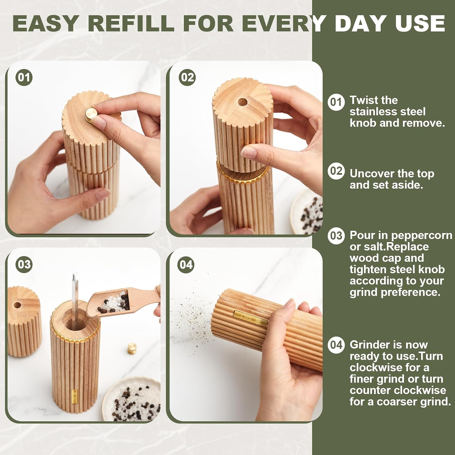 Wooden Salt and Pepper Grinder Set 8" Refillable Wooden Manual Salt and Pepper Mill Set with Adjustable Coarse Settings Rust Resistant Smooth Quality Grinding Mechanism (Fluted and Smooth,Wood)