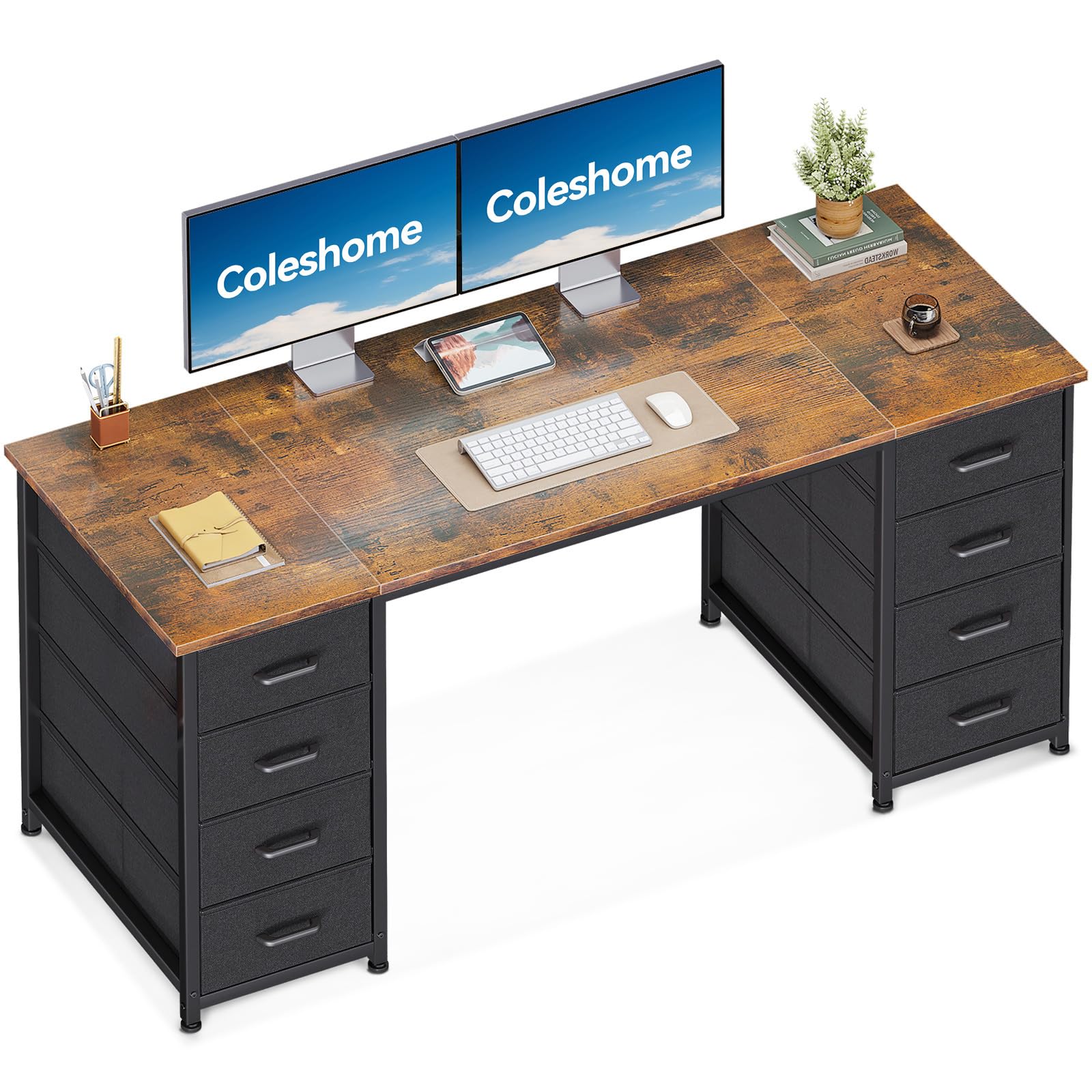 Coleshome Scrivania con 8 Cassetti in Tessuto, 140x48cm Scrivania per Computer, Scrivania Salvaspazio Tavolo Ufficio per Studio, Camera da Letto, Marrone