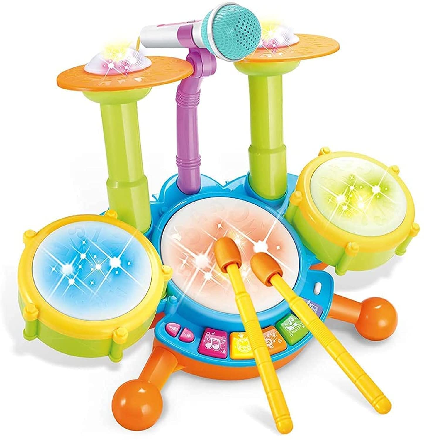 Toddler Musical Toys - Drum Set & Electronic Instruments with 2 Drum Sticks, Flash Light & Adjustable Microphone for Boys & Girls Aged 1-6