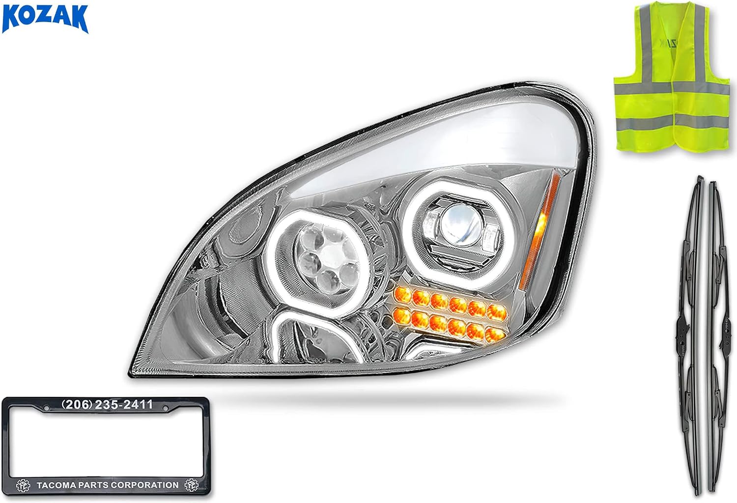 KOZAK Full LED Performance Headlight Lamp with Sequential Turn Signals Chrome Housing (Left Driver Side) Compatible with Freightliner Cascadia 2008-2017 PLUS Logo, Wipers, Frame License Plate and Vest