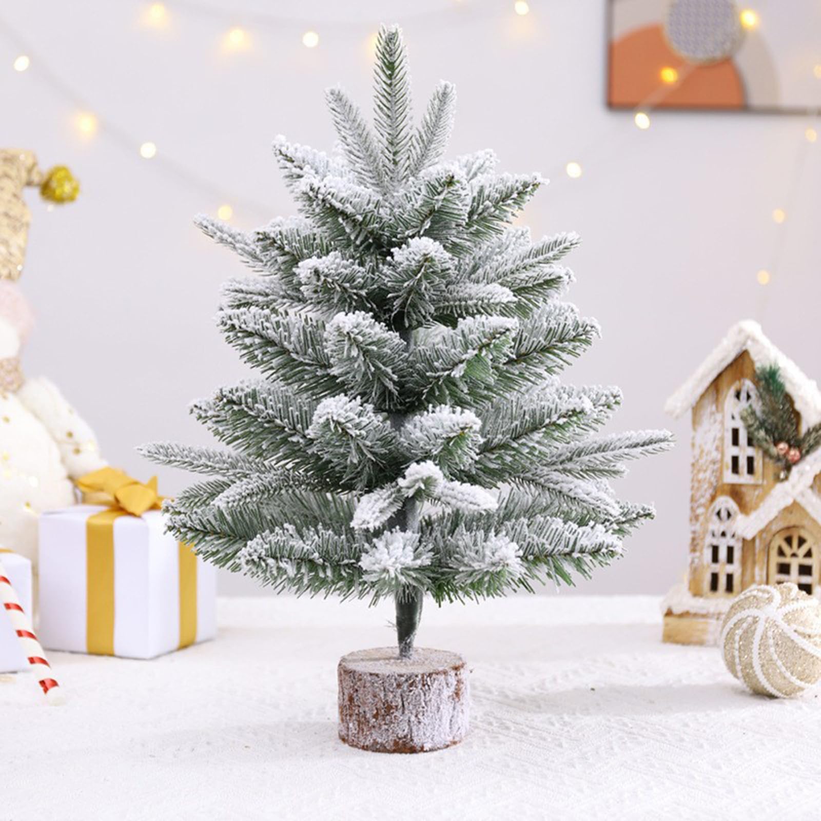 ANTOLE Artificial Mini Christmas Tree with Snow,17.7inch Miniature Pine Xmas Tree,Desktop Christmas Tree wooden Base 45cm