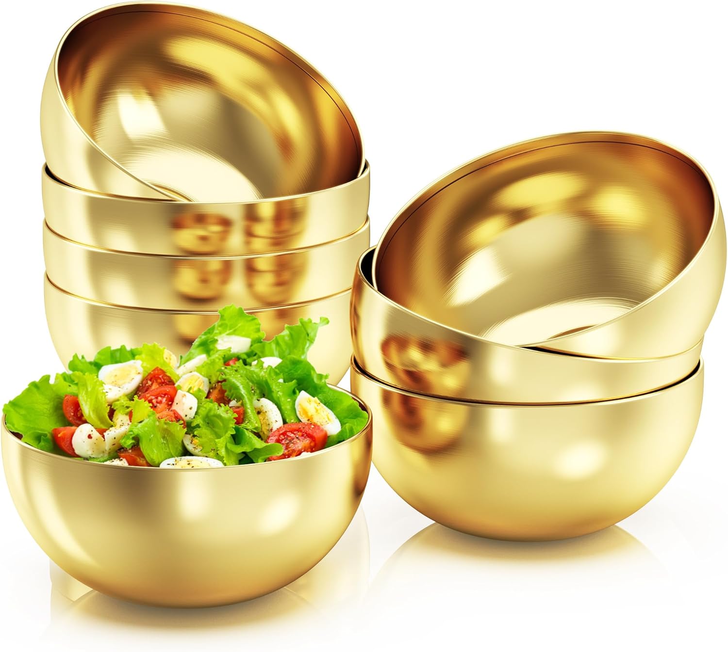8 Pcs Gold Stainless Steel Mixing Bowl with Scale, 74 OZ Salad Mixing Bowl, 8.26 In Serving Bowl Large Noodle Bowl, Kitchen Decor Cooking Bowl for Soup Fruit Sauce Pasta Snack (2100 ML)