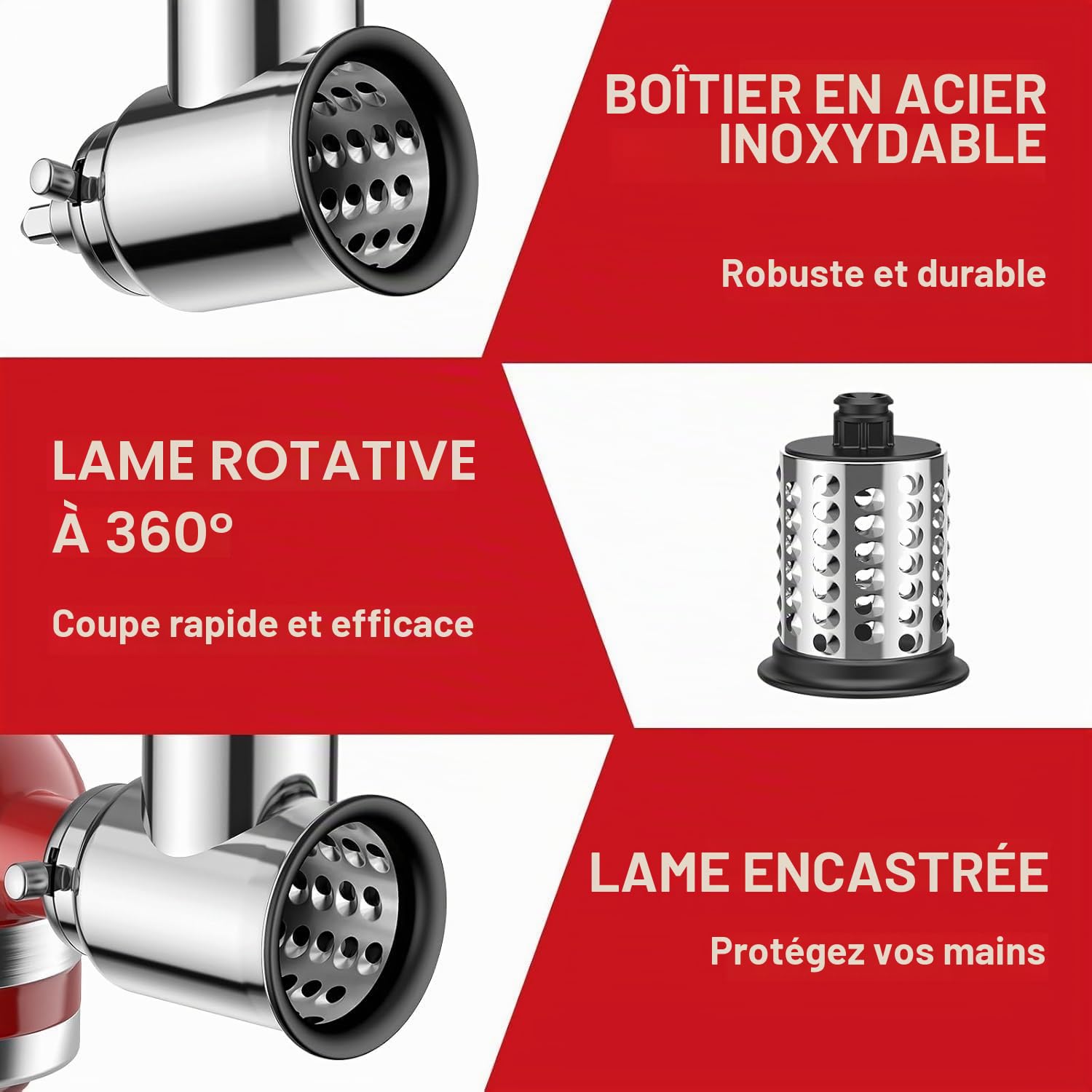 COFUN Accessoire coupe-légumes en acier inoxydable pour KitchenAid Robot Pâtissier, Râpe à fromage, Râpe à légumes avec 4 lames | Trancheuse de légumes, salade, poudre de broyage, râpe à fromage