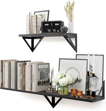 CASSA TOKO Wall Mounted Floating Book Shelves for Wall Set of 3, Shelf Bookshelf for Bedroom Living Room Office Bathroom Kitchen Rustic Wood with Metal Bracket (Black)