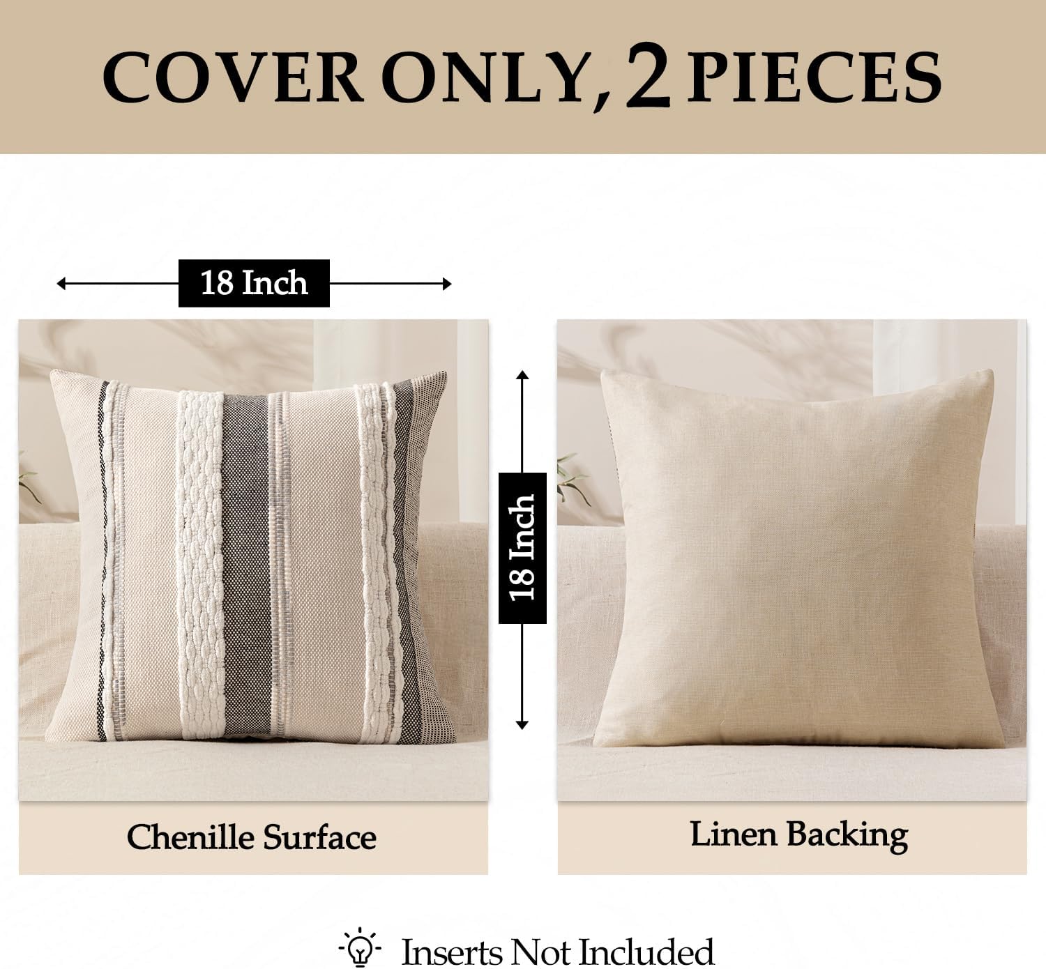 ANRODUO Pack of 2 Boho Decorative Throw Pillow Covers 20x20 Farmhouse Cushion Case Striped Chenille Pillow Cases Square Pillow Covers Accent Neutral Pillowcase for Sofa Couch Bed, White Stripe