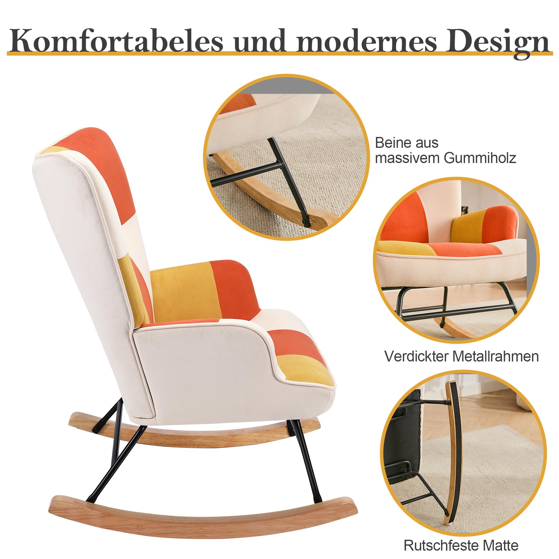 Mecedora de Terciopelo para habitación Infantil, con Estructura de Metal y Base de Madera, tapizada, para salón, Ocio, para salón, Dormitorio (Mecedora de Patchwork, Naranja y Amarillo)