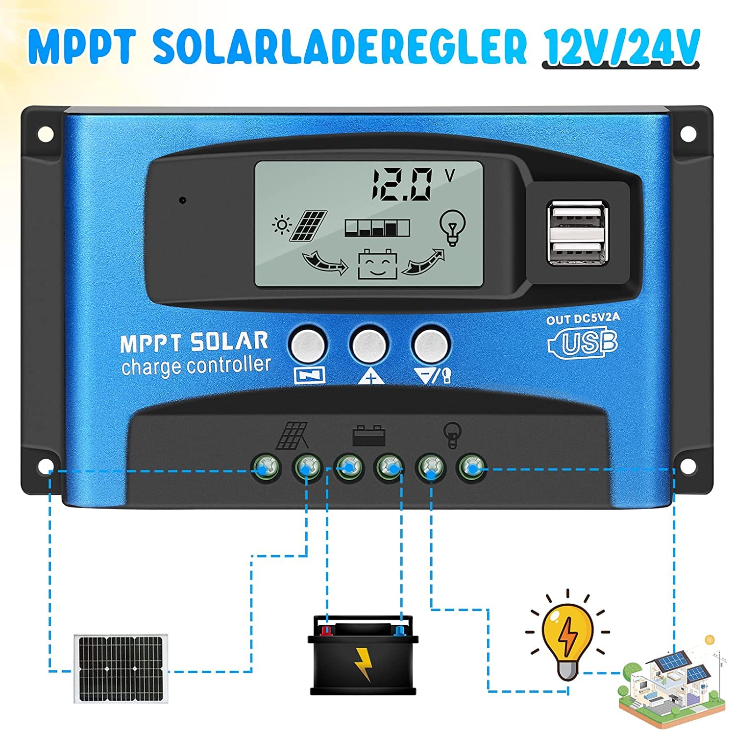 MPPT 60A Contrôleur de Charge Solaire 12V 24V Auto, Régulateur Panneau Solaire 60A avec 5V Double Port USB et écran LCD pour Batteries Plomb et Lithium