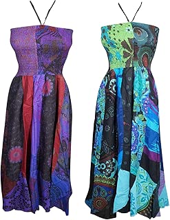 Mogul Interior 2pc Womens Smocked Bodice Dress Halter Neck Printed Flare Gypsy Beach Maxi Dresses XS Purple,Blue
