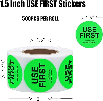 Hybsk USE First Stickers Food Service FIFO Label for Restaurant Inventory Management 1.5 Inch Total 500 Labels Per Roll (Fluorescence Green)