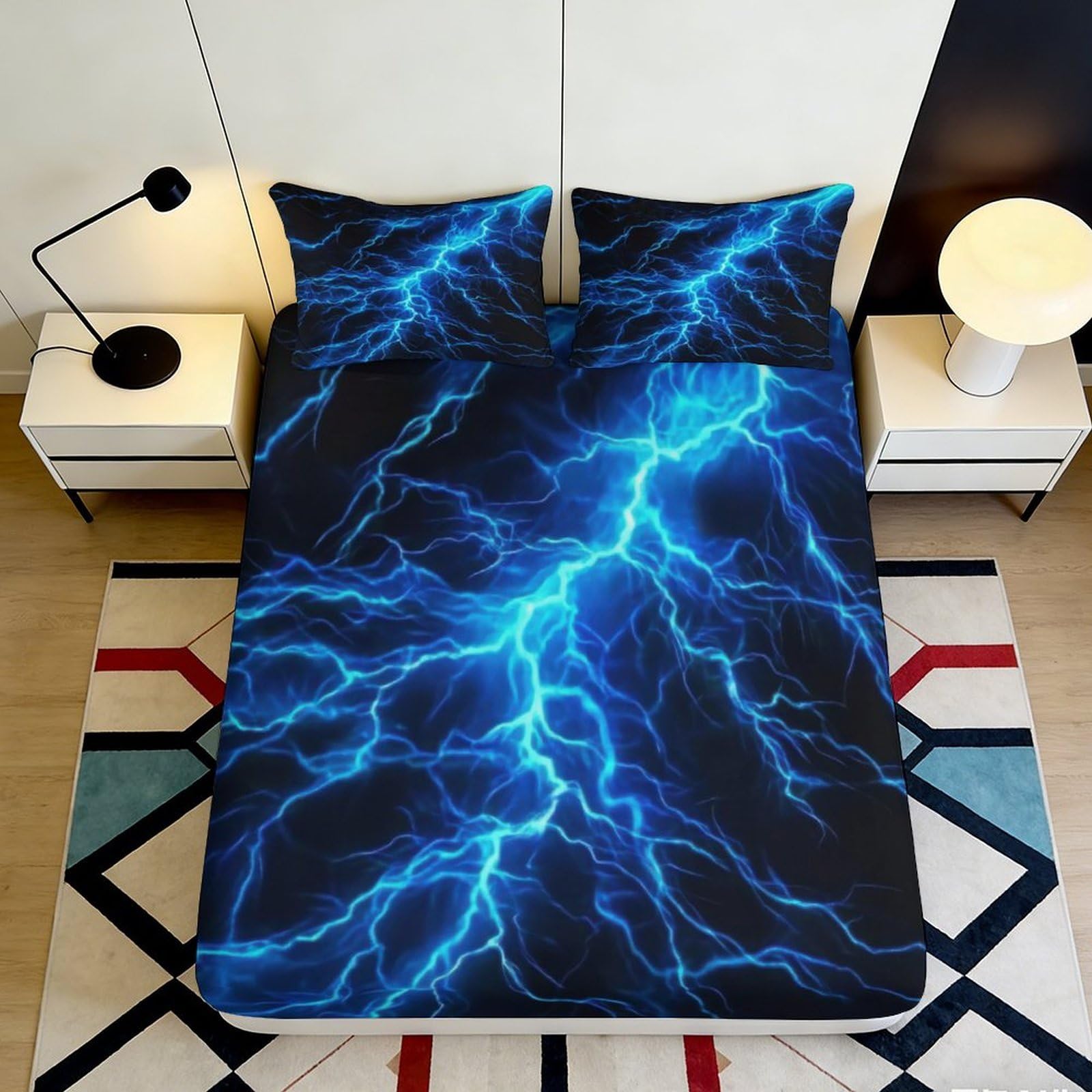 Jqzkxnhpbr Style-3 3D Printed Electric Lightning Fitted Sheet Microfiber Soft Blue Thunder Bed Cover For Bedroom Dorm Mattress Protection Decor 90X200x25cm