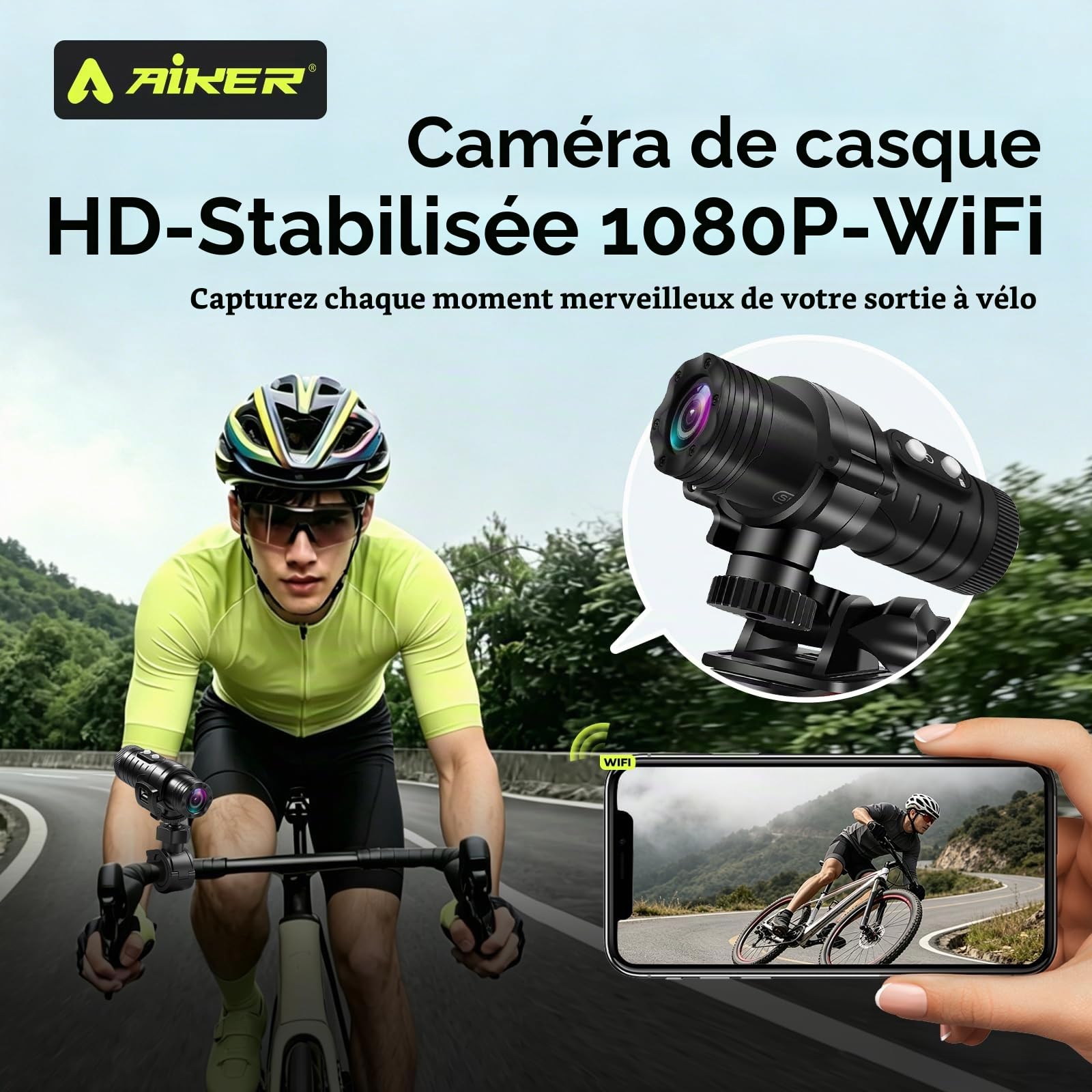 AIKER Dashcam Moto,Version Améliorée WiFi Camera Moto,1080phd&120°Grand Angle Caméra Velo/Calibrage Automatique du Niveau/Étanchéité Ip66 Camera Sport/Longue Autonomie Connexion Pratique