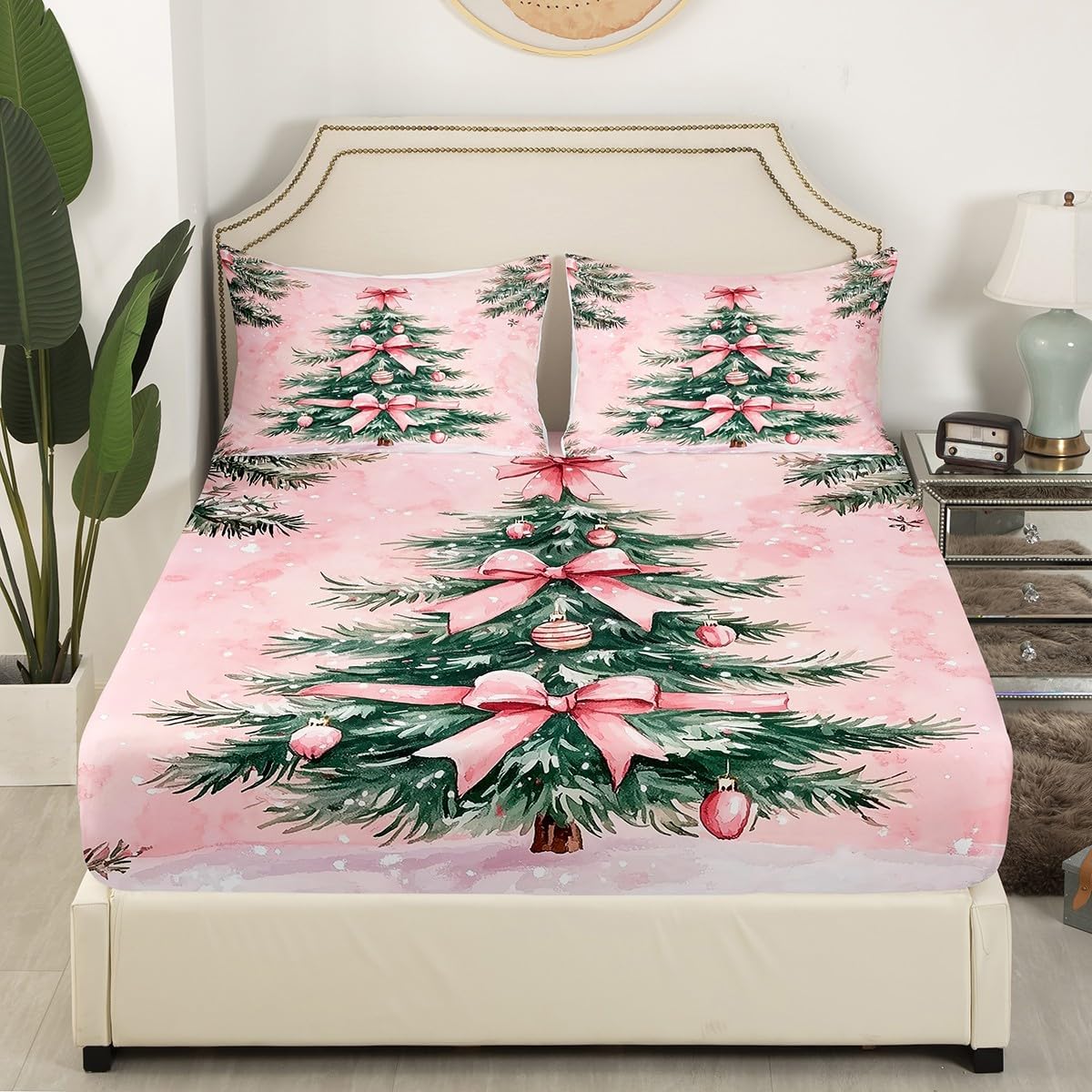 Erosebridal Green Christmas Tree Fitted Sheet Pink Bowknot Sheets,Christmas Tree Ornaments Bed Sheets Full,Xmas Bed Set Pink Christmas Decorations Indoor
