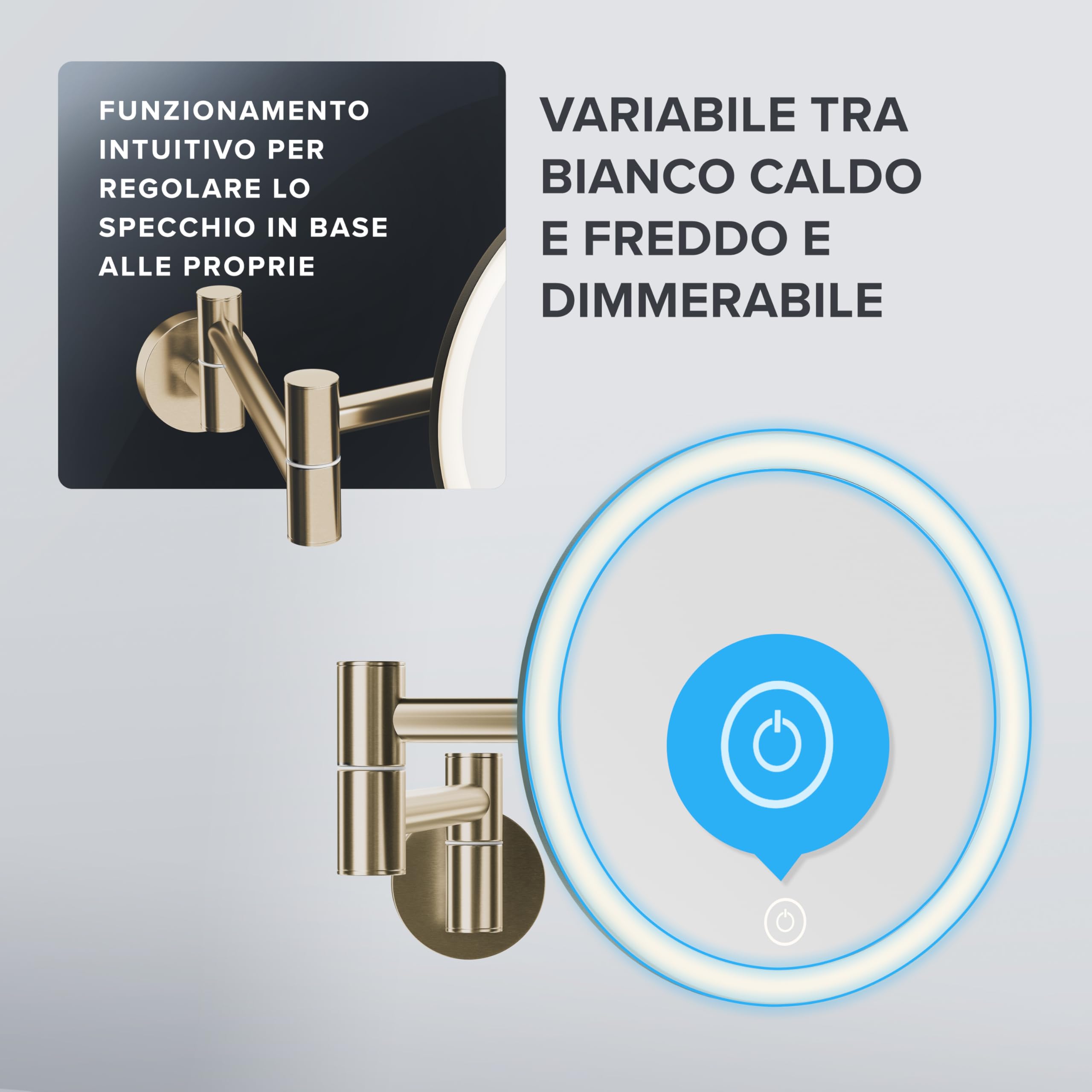 ovimar Blavand Gold - Specchio cosmetico con illuminazione, ricaricabile, montaggio a parete da forare, in bagno, ingrandimento 5x, specchio da trucco con luce, specchio a 360 gradi