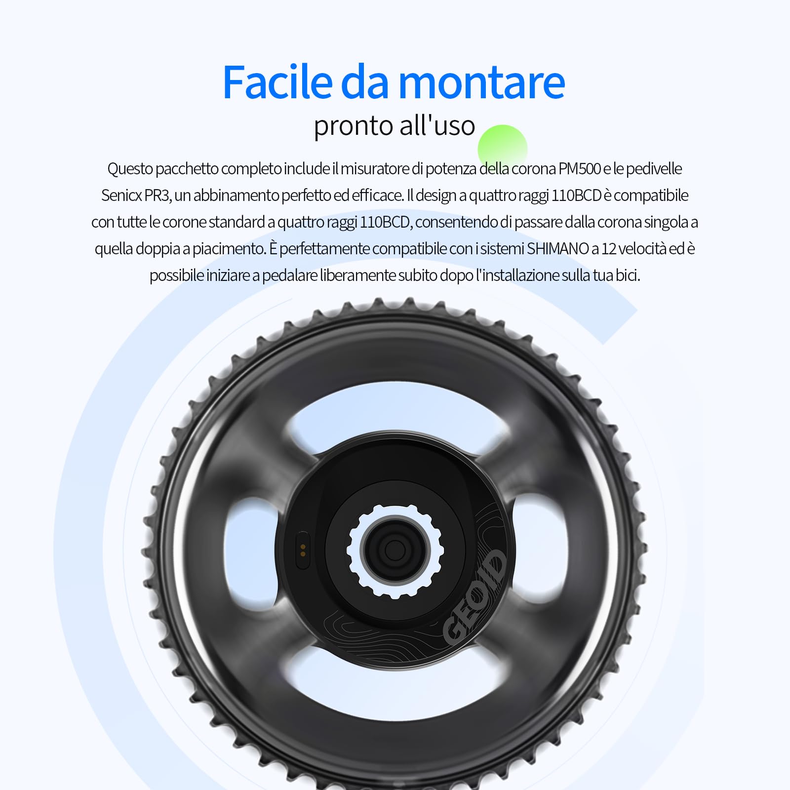 GEOID PM500 Misuratore di Potenza per Bici da Strada - Crankset Guarnitura Leggera 680g con Precisione ±1.5%, Batteria 300 Ore, 110 BCD, Bluetooth/Ant+, IPX7 Impermeabile
