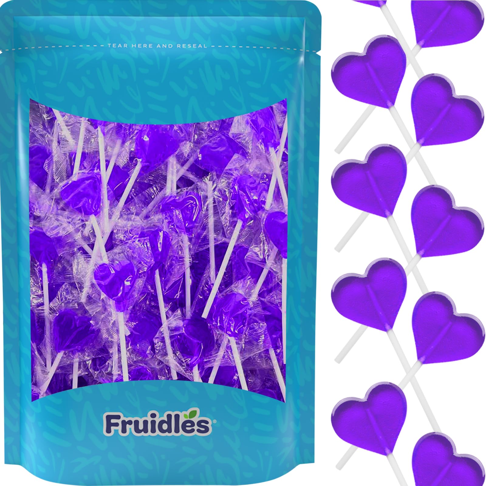 Fruidles Lollipops Mini Heart Shaped Flavored Delicious Lollipop, Individually Wrapped, 5g Lollipop (30 Lollipops, Grape)