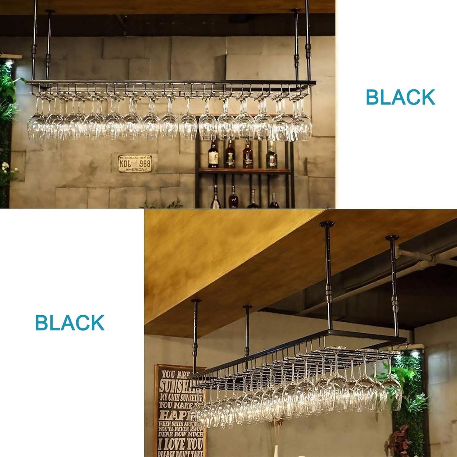 Wine Rack Retro Goblet Cup Holder Suspension Wine Glass Rack Wrought Iron Hanging Display Stand Ceiling Decoration Shelf for Bar/Club/Restaurant/Kitchen,Black-90x35cm