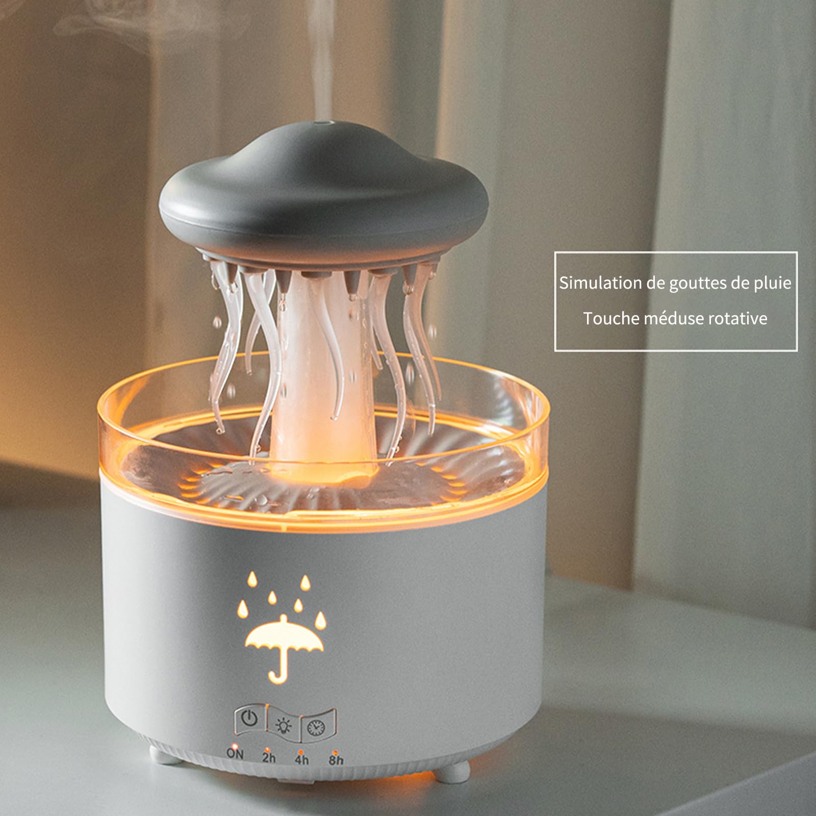 Humidificateur de Chambre à Coucher, Humidificateur de Méduse à Effet de Goutte d'eau 7 Couleurs, Diffuseur d'aromathérapie 300ml avec Télécommande et Minuterie, Cadeaux Amusants (Blanc)