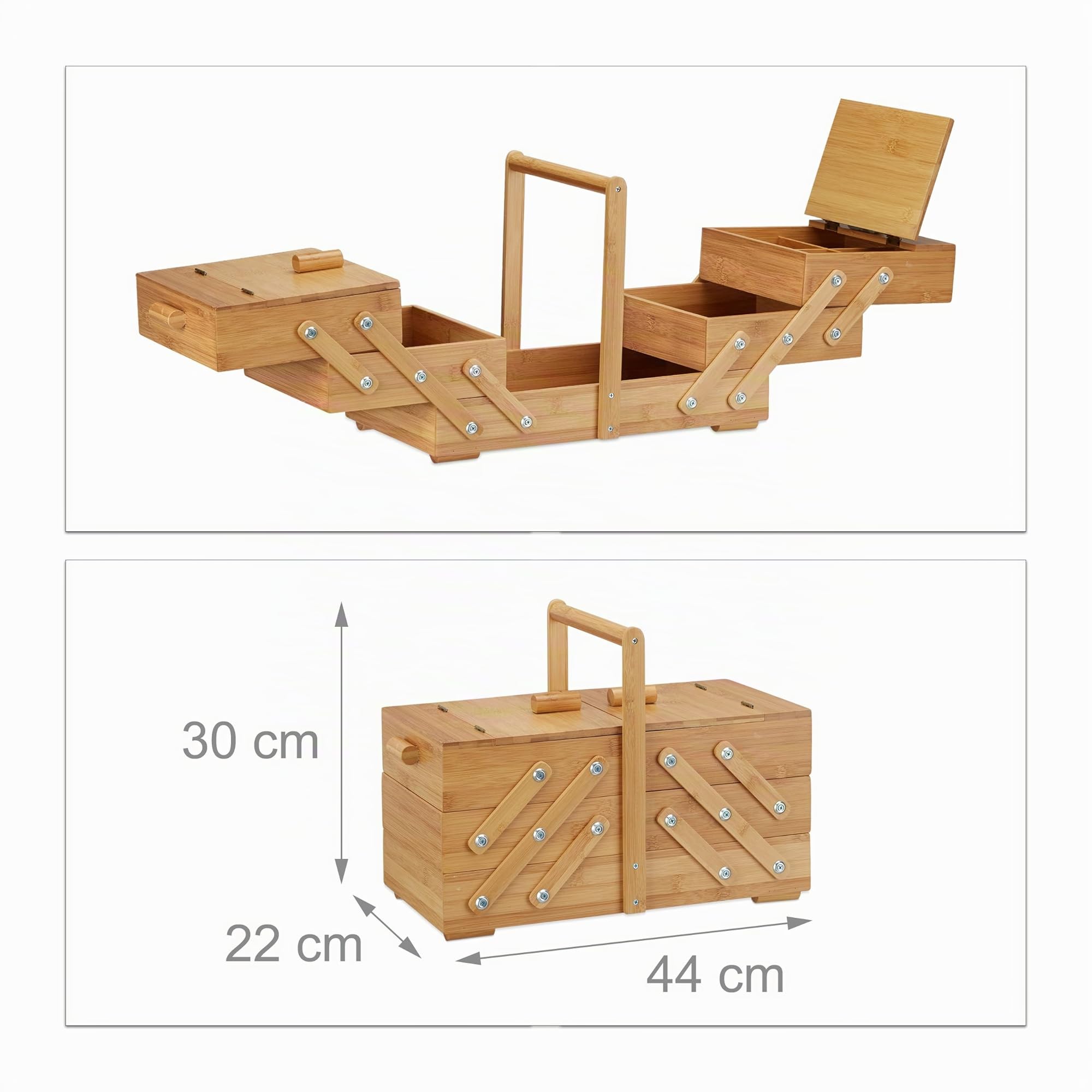 Relaxdays Caja de Costura Grande con Compartimentos, Bambú, Beige, 30 x 44 x 22 cm