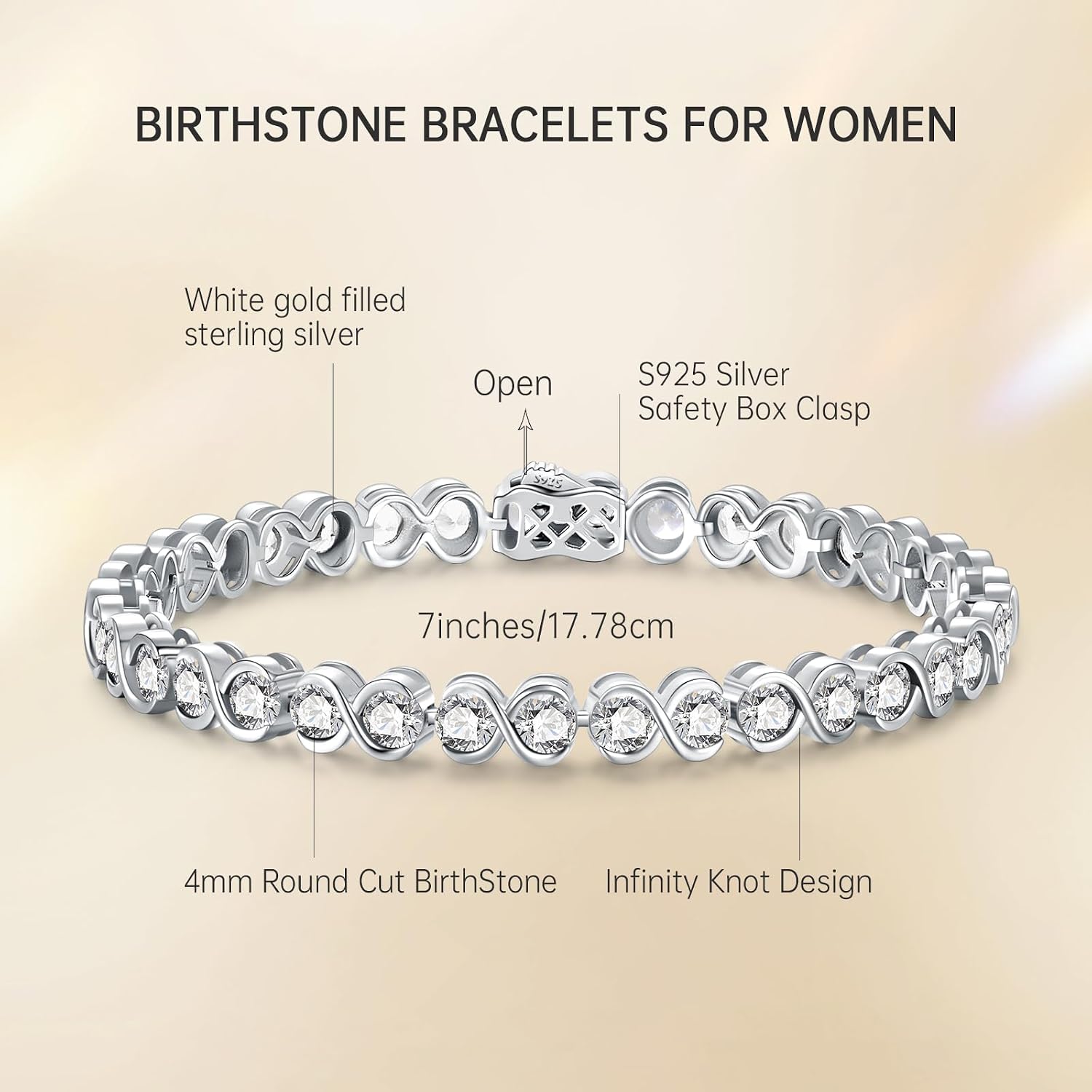 Birthstone Bracelets for Women, 925 Sterling Silver 7 Inch Infinity Tennis Bracelet, Wedding Anniversary Birthday Jewelry Gifts for Women Wife Girlfriend Mom Her