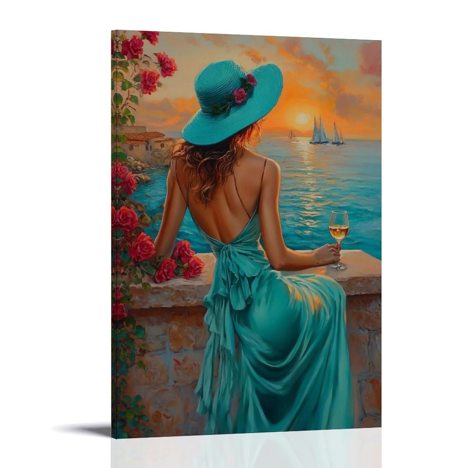 HUERYRYHY Sunset Wine on Mediterranean Terrace 02 Poster Wall Art Canvas Vintage Aesthetic Painting Decor for Rooms 08x12inch Frame-style