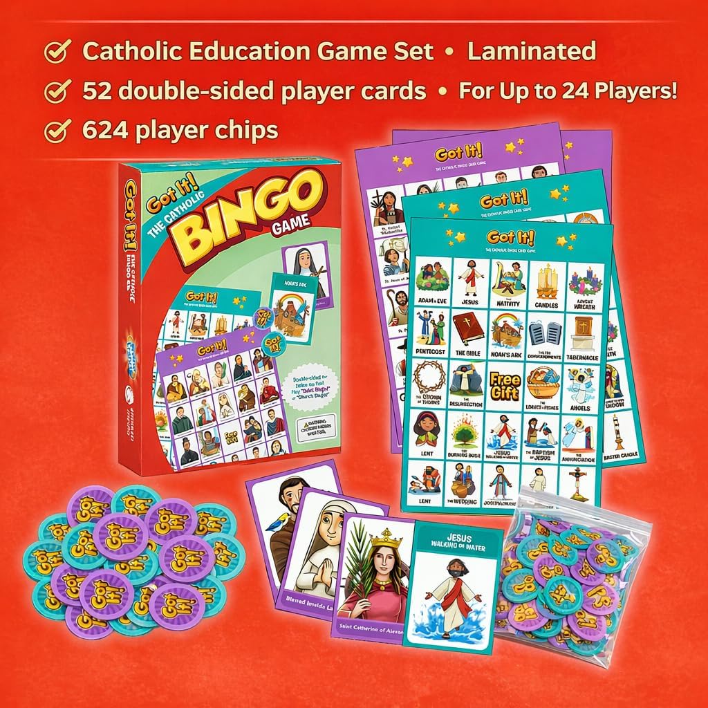 Got It! The Catholic Bingo Game - 2-in-1 Saints & Church Edition - 24 Double-Sided Laminated Cards with Real Chips & Storage Bag - Educational Faith Based Gift for Kids, Teens & Families - Ages 6+