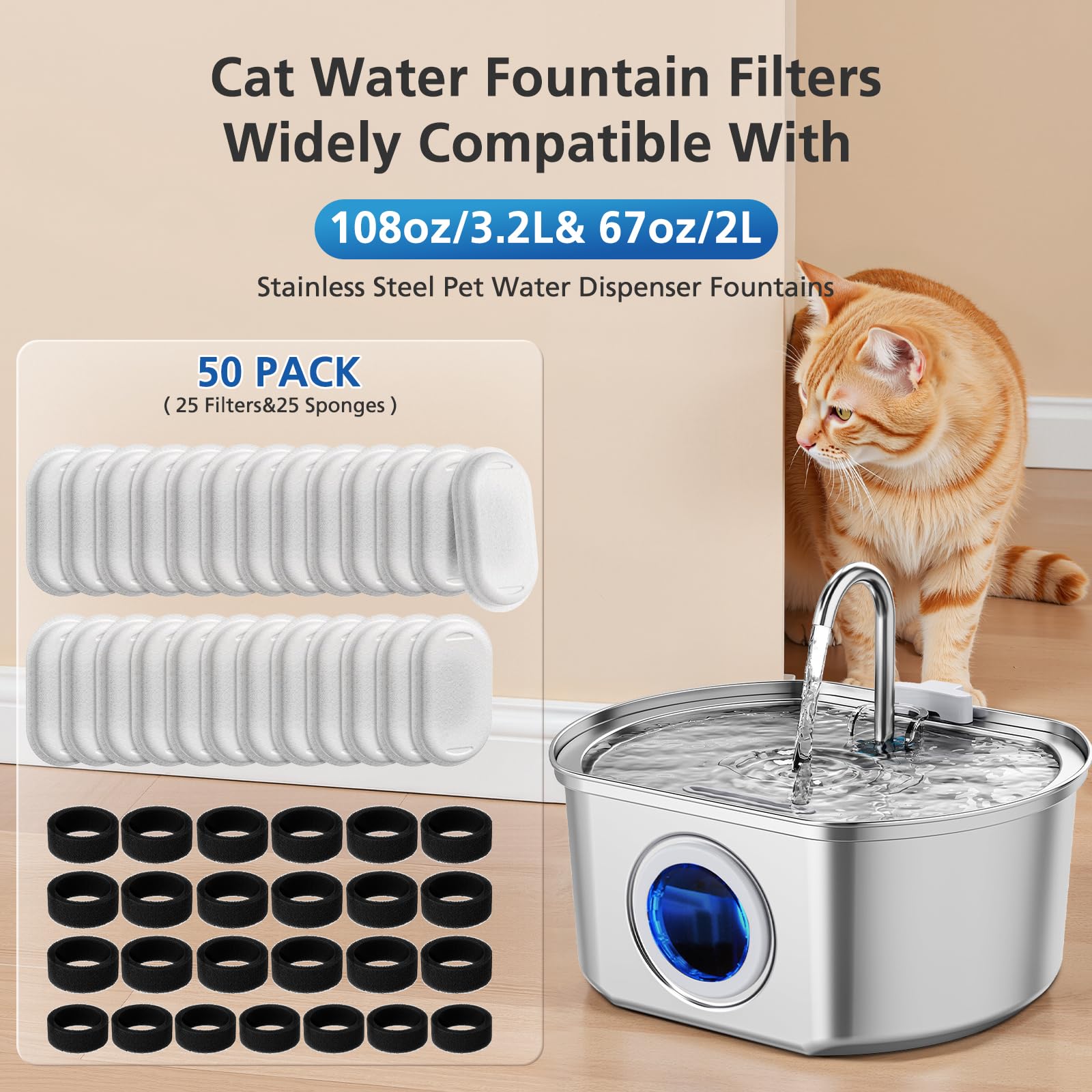 50 Pack Cat Water Fountain Filters for 108 3 2L 67oz 2L Stainless Steel Pet Water Dispenser Cat — view 2