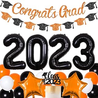 Graduation Decorations Orange and Black 2023 Congrats Grad Decorations Graduation Party Supplies Orange White and Black Balloons Class of 2023 Cake Topper Congrats Grad Banner