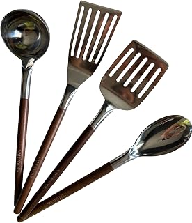 4-Piece Stainless Steel Cooking Utensil Set – Handcrafted Walnut Wood Handles, Mirror-Polished 18/8 Steel – Durable, Heat-Resistant Kitchen Tools & Premium Gift for Home Cooks