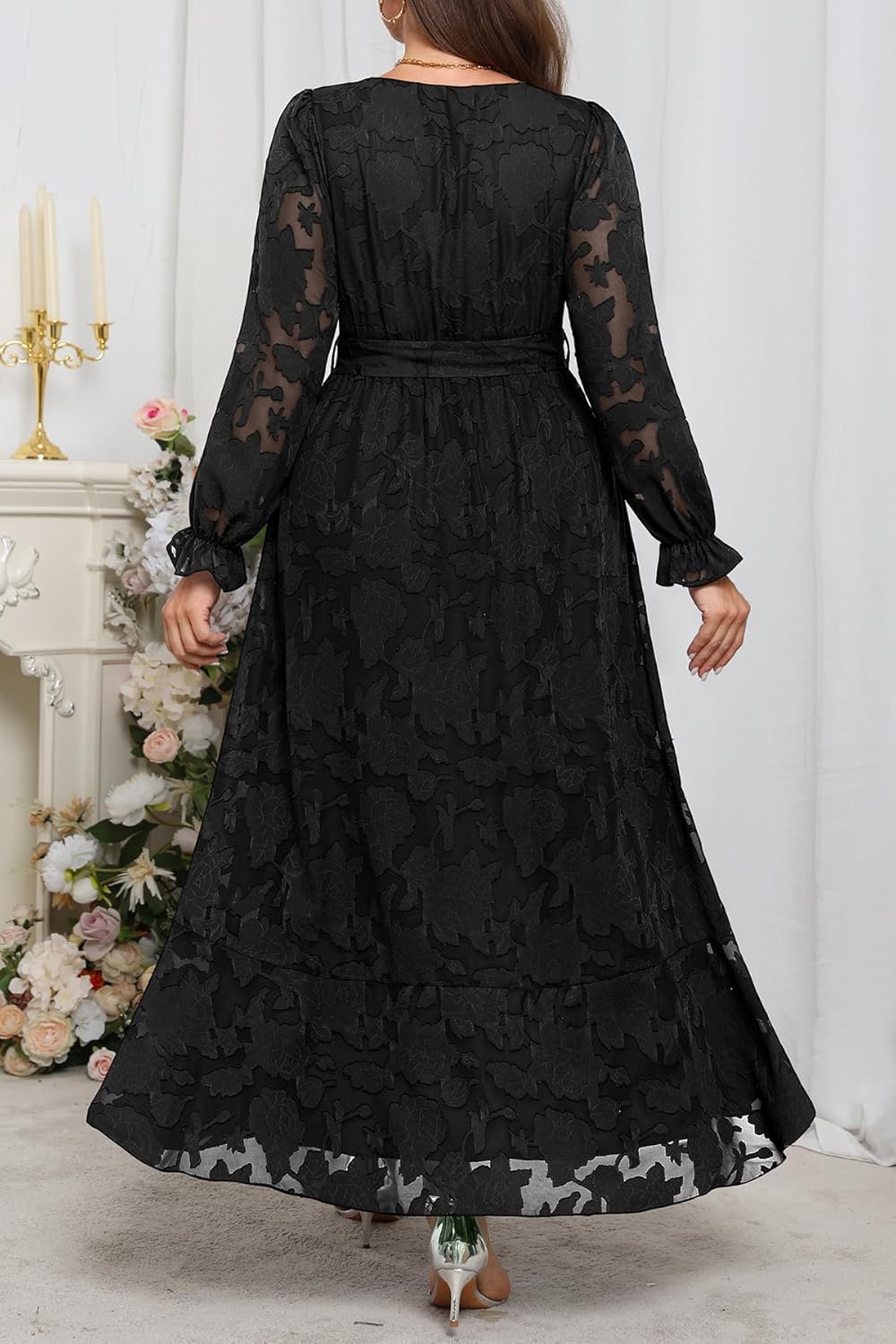 Plus Size Dresses Wedding Guest - Fall Semi Formal Floral Long Sleeve Wrap V Neck High Low Maxi Dress with Belt Women - Image 4