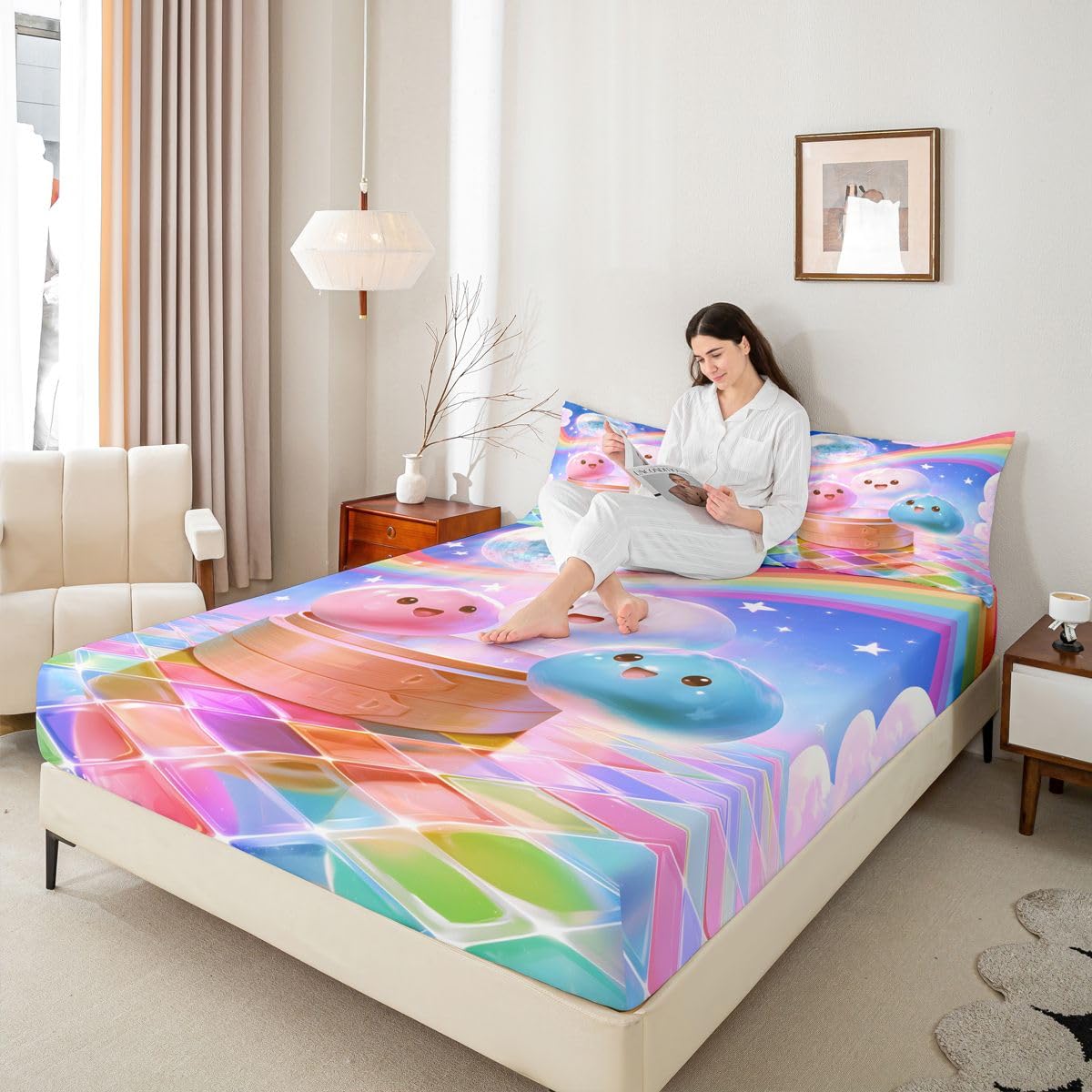 Manfei Kawaii Cartoon-Lebensmittel-Spannbettlaken, volle Größe, niedliches Knödel-Bettwäsche-Set, 3-teilig, buntes 3D-Würfel-Bettlaken für Kinder, Jungen, Mädchen, Teenager, Raumdekoration